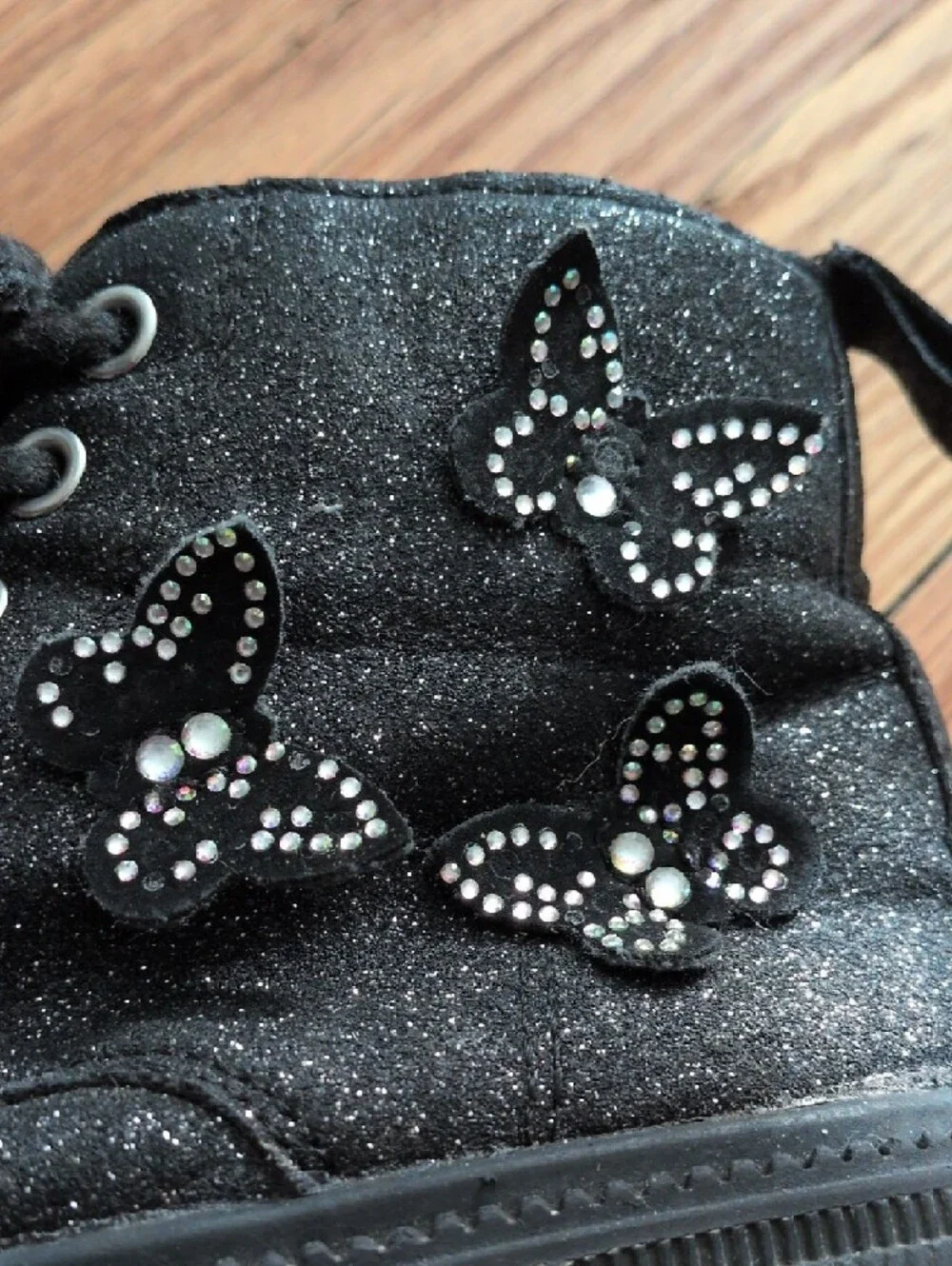 Kids Black Glitter Lace-Up Ankle Boots With Butterflies‎ Size 10